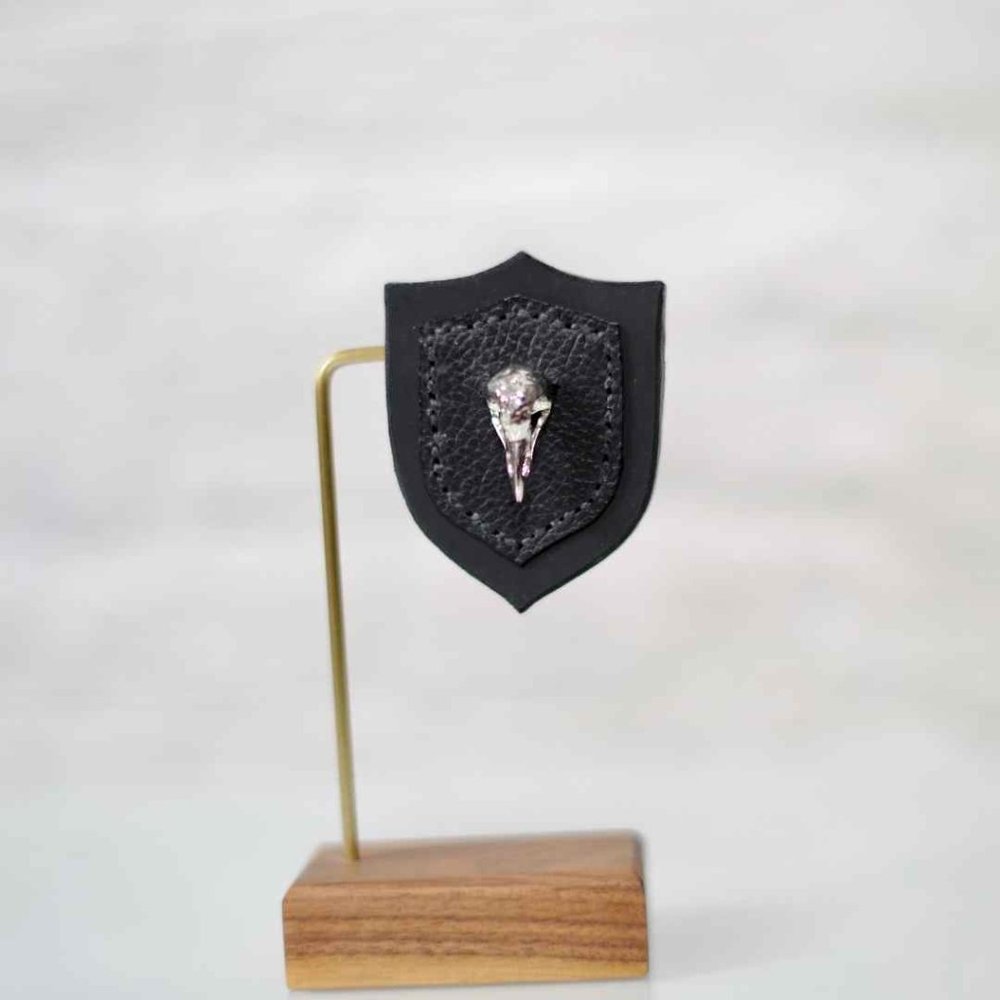 Sparrow Skull Brooch in Silver and Black Leather
